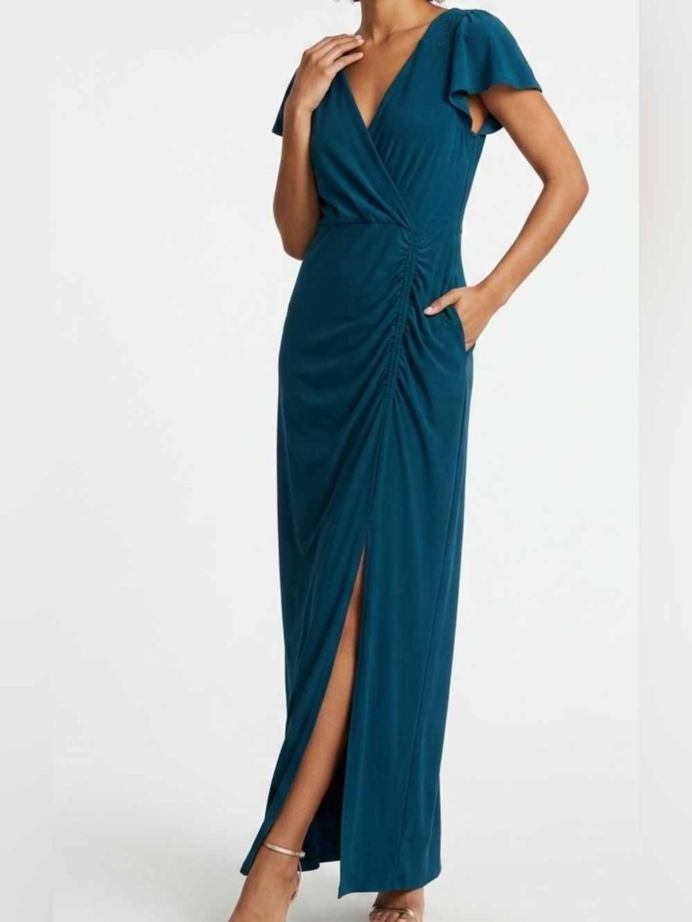 Betsey Johnson Teal Ribbed Flutter Sleeve Ruched Midi Dress Slit M